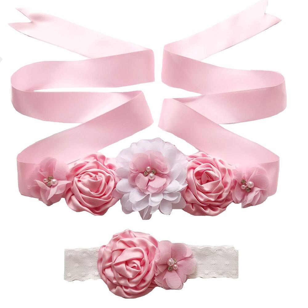 1339 Maternity Flower Sash Belt Headband Set, Women Girls Wedding Baby